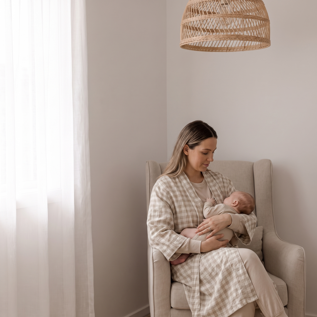 Women's French Linen Maternity and Hospital Robe, Oat Gingham