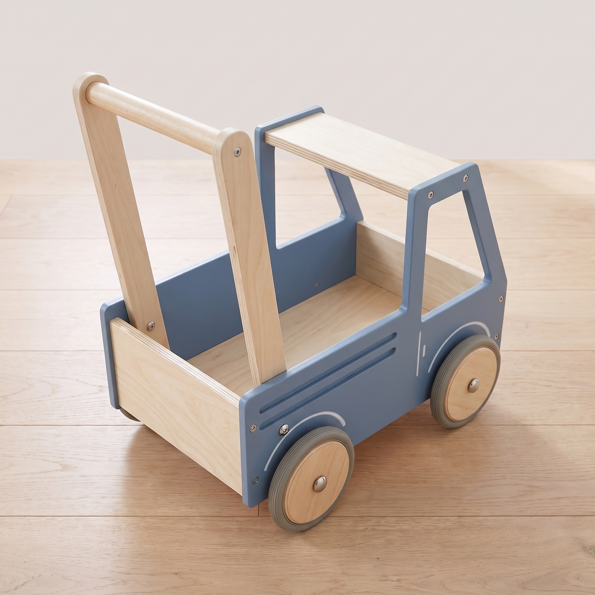 Wooden Push Truck Walker with Storage Box – Birchwood, Steel Blue