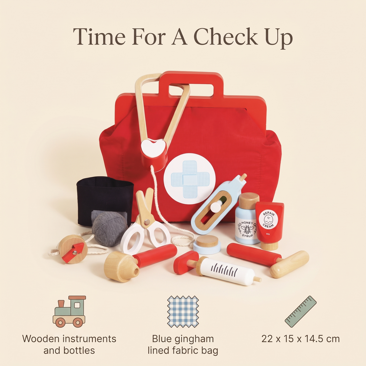 Wooden Toy Doctor Kit in Fabric Bag with 9 Instruments, Red