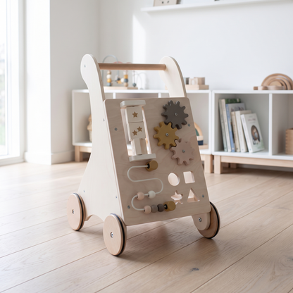 Wooden Activity Walker with Ball Frame, Cogs and Toy Box