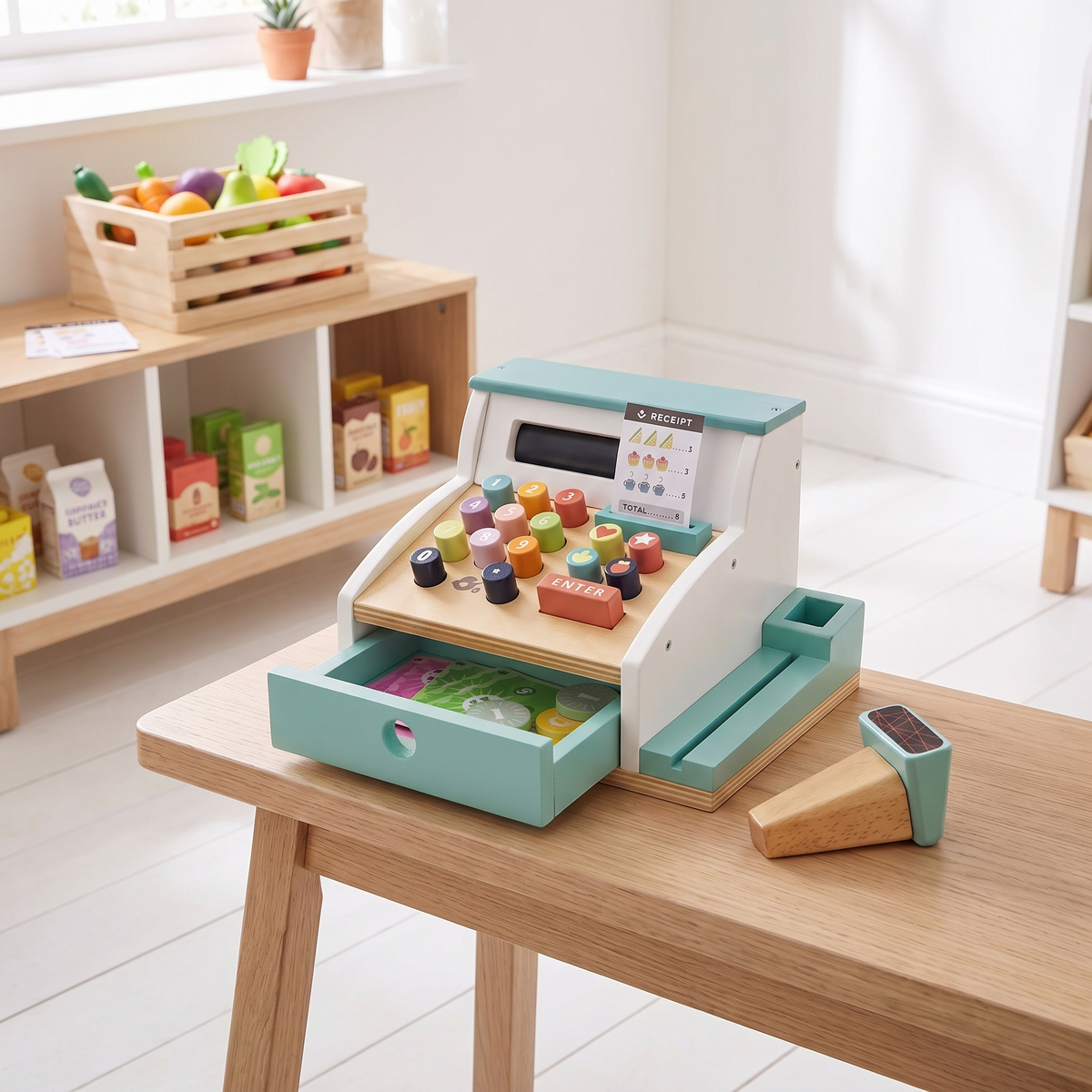 Wooden Play Cash Register with Coins, Notes and Receipts, Multicolored