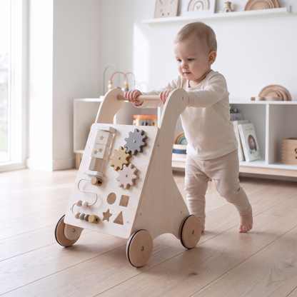 Wooden Activity Walker with Ball Frame, Cogs and Toy Box