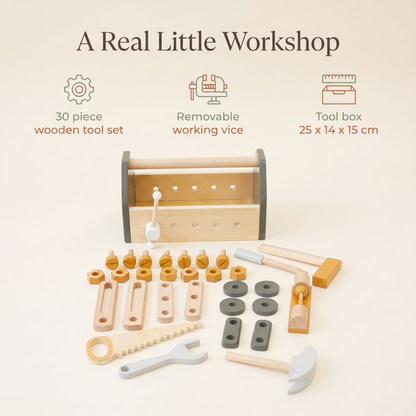 Wooden Tool Box with Removable Vice and 30-Piece Tool Set, 25 cm