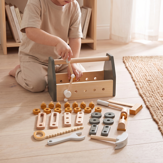 Wooden Tool Box with Removable Vice and 30-Piece Tool Set, 25 cm