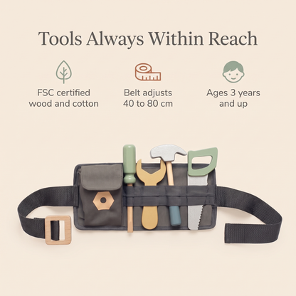 Kids Wooden Tool Belt Set with 9 Tools, Adjustable 40–80 cm