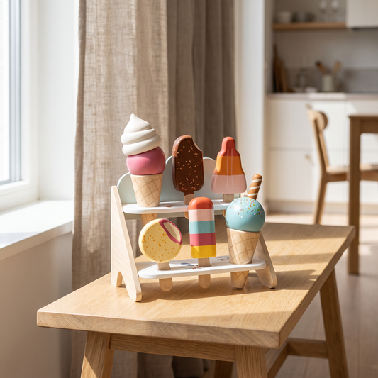 Wooden Ice Cream Shop Set with 6 Mix-and-Match Cones and Stand