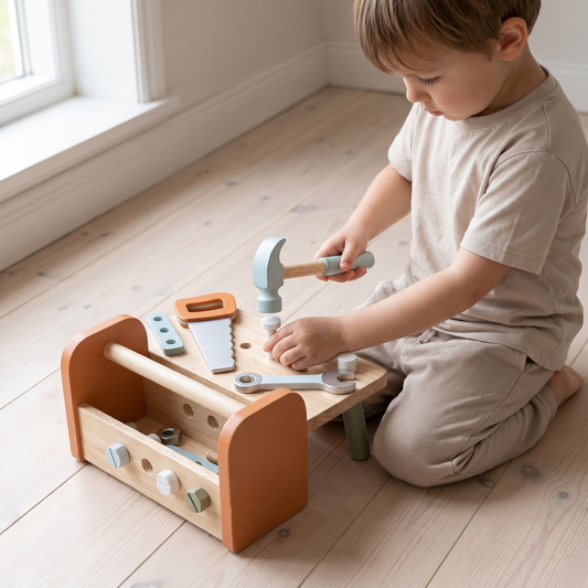Wooden 2-in-1 Tool Box and Workbench with Tools – 25 cm