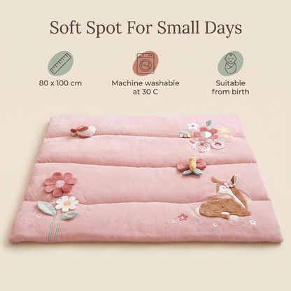 Padded Playpen Play Mat with Sewn-In Sensory Toys – Pink, 80 x 100 cm