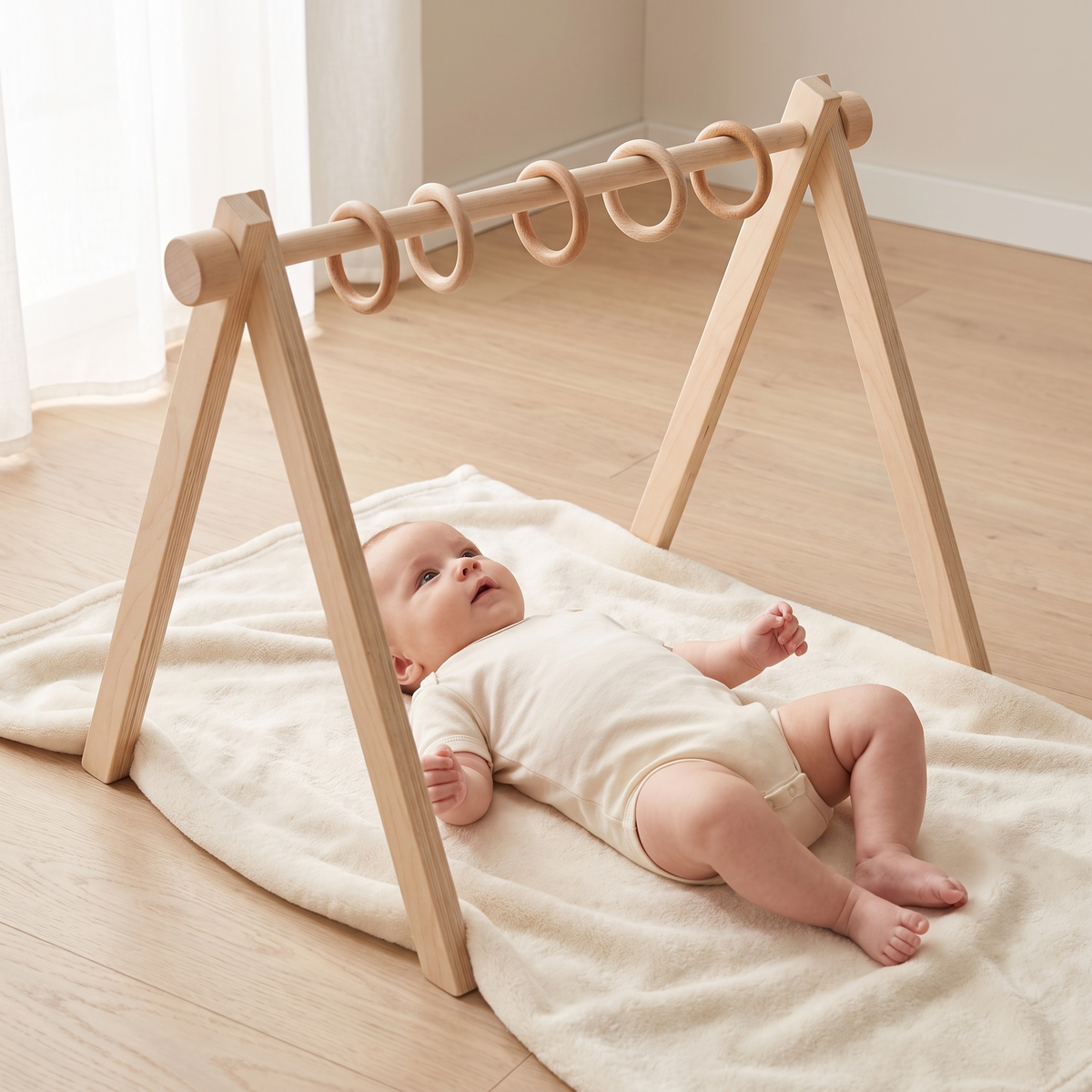 Wooden Baby Gym Frame with Five Removable Rings – Natural Birch Plywood