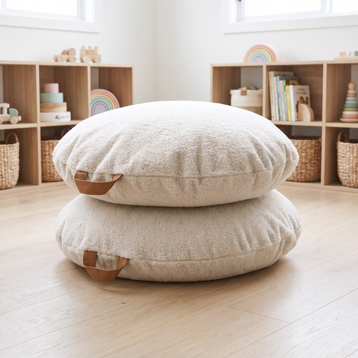 Round Floor Cushions in Teddy Bouclé, Set of 2 – Oat, 70 cm