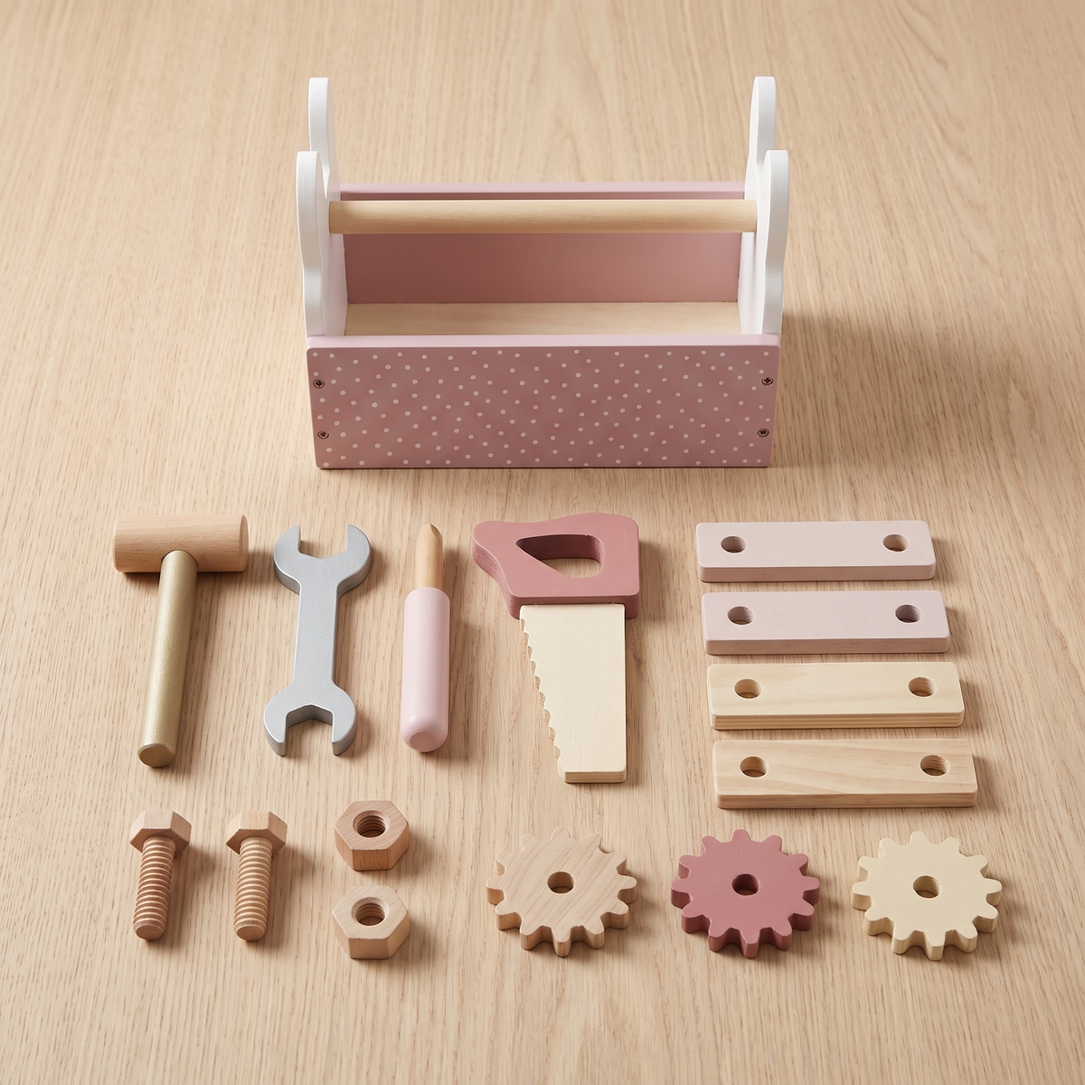 Wooden Tool Box Set with 15 Pieces – Pink, 21 cm
