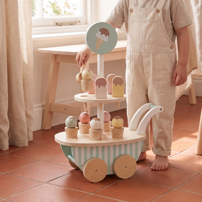 Wooden Ice Cream Cart with 10 Ice Creams and Scoop, Stripes