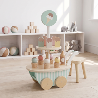 Wooden Ice Cream Cart with 10 Ice Creams and Scoop, Stripes