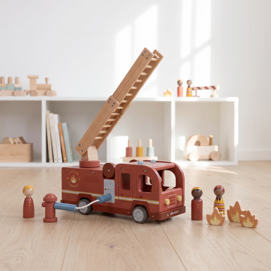 Wooden Fire Truck with Extendable Ladder and 4 Peg Dolls, Red