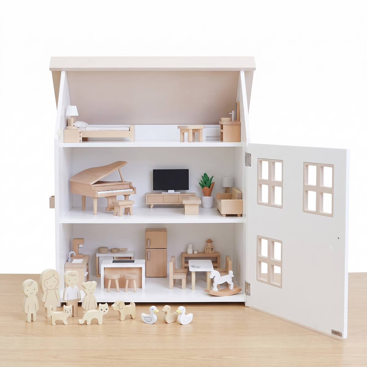 Dollhouse with Flip Roof and 34-Piece Family and Furniture Set – 42.5 cm