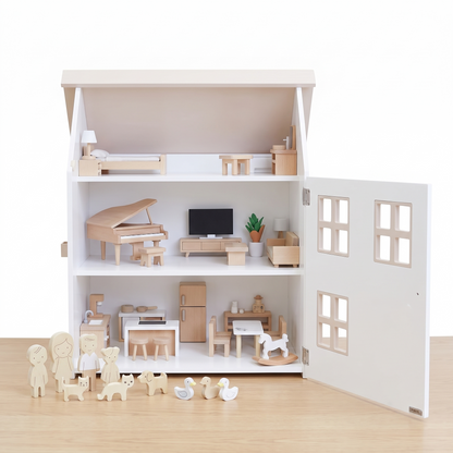 Dollhouse with Flip Roof and 34-Piece Family and Furniture Set – 42.5 cm
