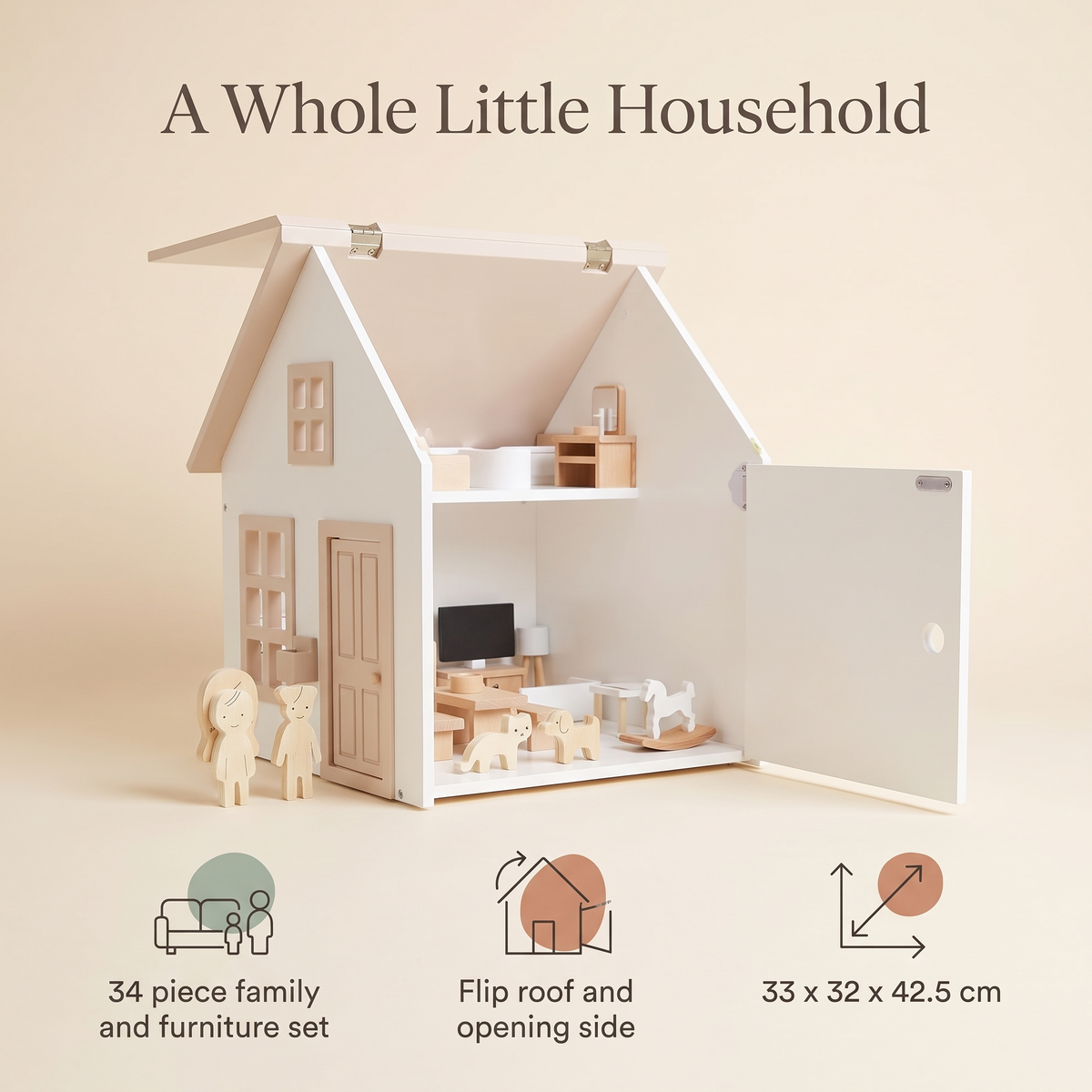 Dollhouse with Flip Roof and 34-Piece Family and Furniture Set – 42.5 cm