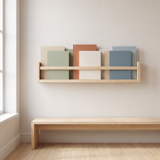Wall-Mounted Front-Facing Book Rack with Flat Peg – Raw Pine