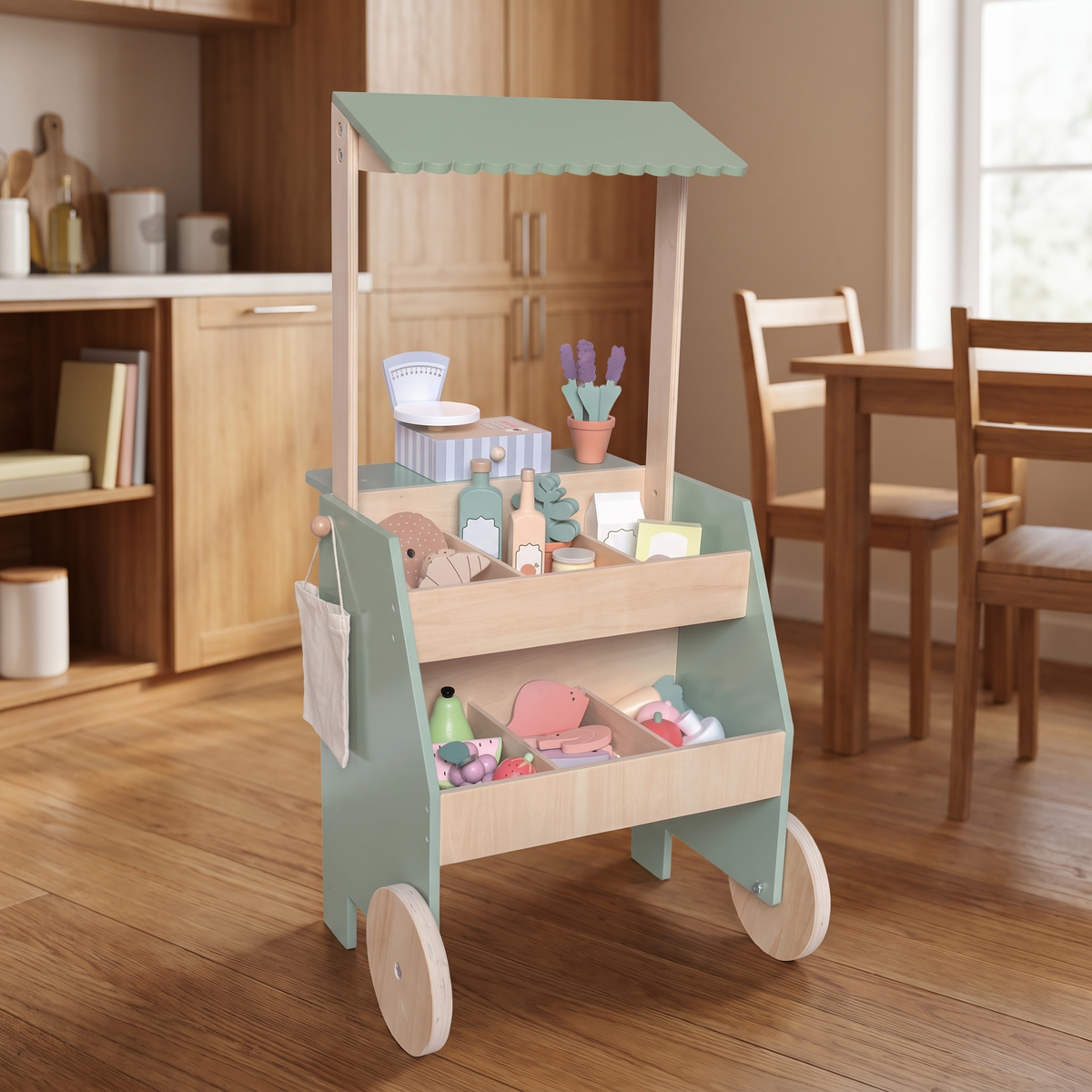 Wooden Market Stall with Scale, Till and 28 Play Food Pieces – 78 cm