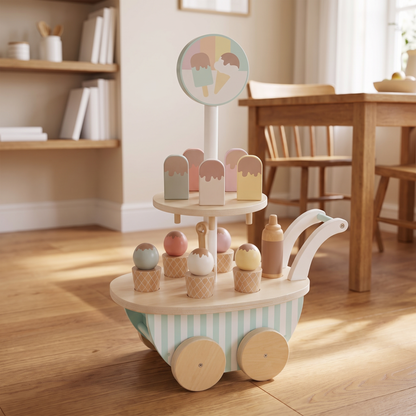 Wooden Ice Cream Cart with 10 Ice Creams and Scoop, Stripes