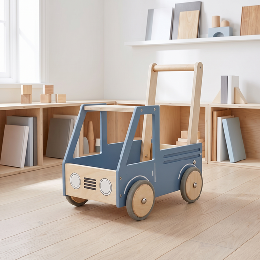 Wooden Push Truck Walker with Storage Box – Birchwood, Steel Blue
