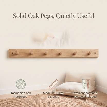 Wooden Peg Rail with 6 Pegs – Tasmanian Oak, 60 cm