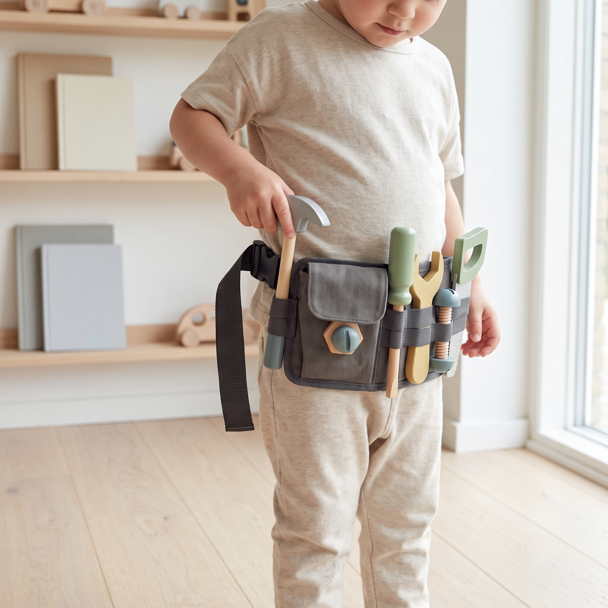 Kids Wooden Tool Belt Set with 9 Tools, Adjustable 40–80 cm