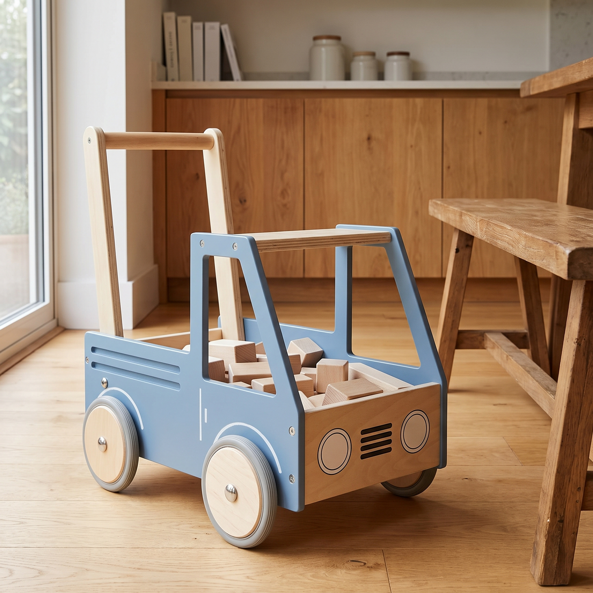 Wooden Push Truck Walker with Storage Box – Birchwood, Steel Blue