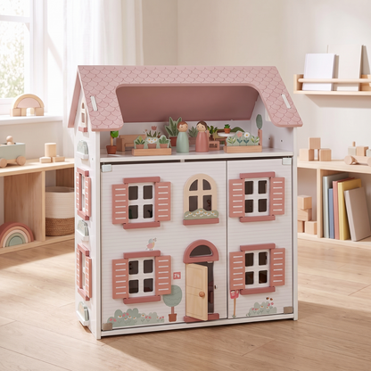 Wooden Dollhouse with 5 Furnished Rooms and 2 Peg Dolls, White with Pink Roof