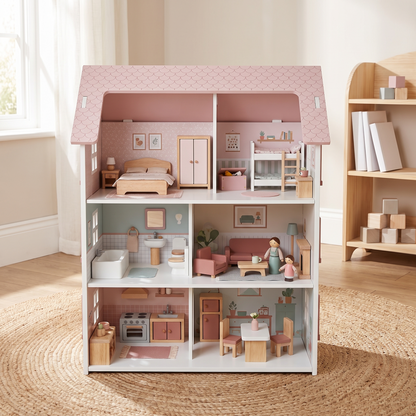 Wooden Dollhouse with 5 Furnished Rooms and 2 Peg Dolls, White with Pink Roof