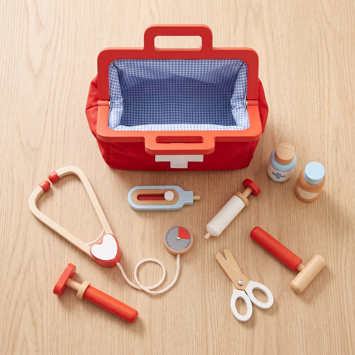 Wooden Toy Doctor Kit in Fabric Bag with 9 Instruments, Red