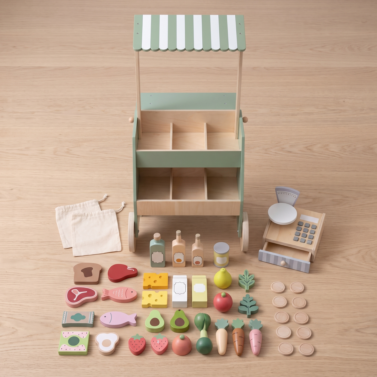 Wooden Market Stall with Scale, Till and 28 Play Food Pieces – 78 cm