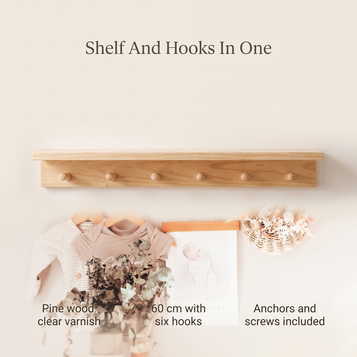 Kids Wall Shelf with 6 Wooden Coat Hooks – Pine, 60 cm