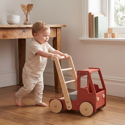 Wooden Fire Truck Push Walker with Removable Storage Box – Birchwood