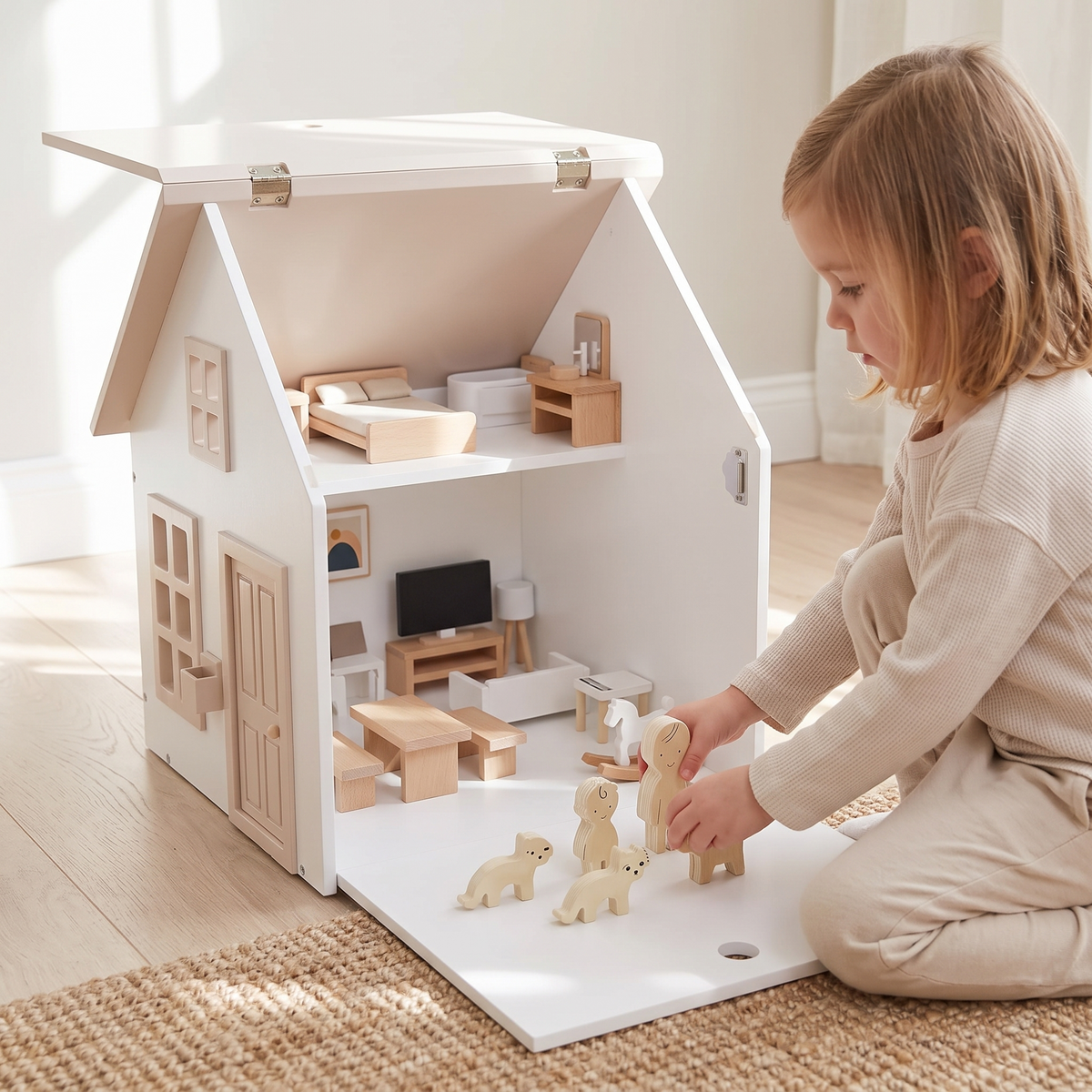 Dollhouse with Flip Roof and 34-Piece Family and Furniture Set – 42.5 cm