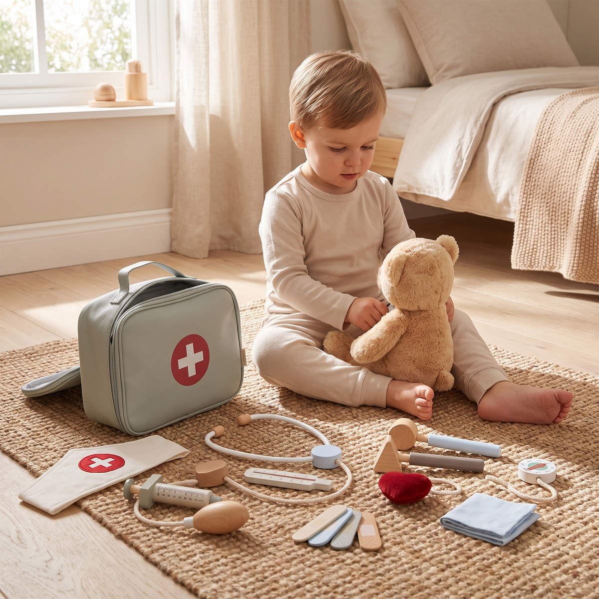 Wooden Toy Doctor Set with Fabric Bag, Stethoscope and Doctor's Cap