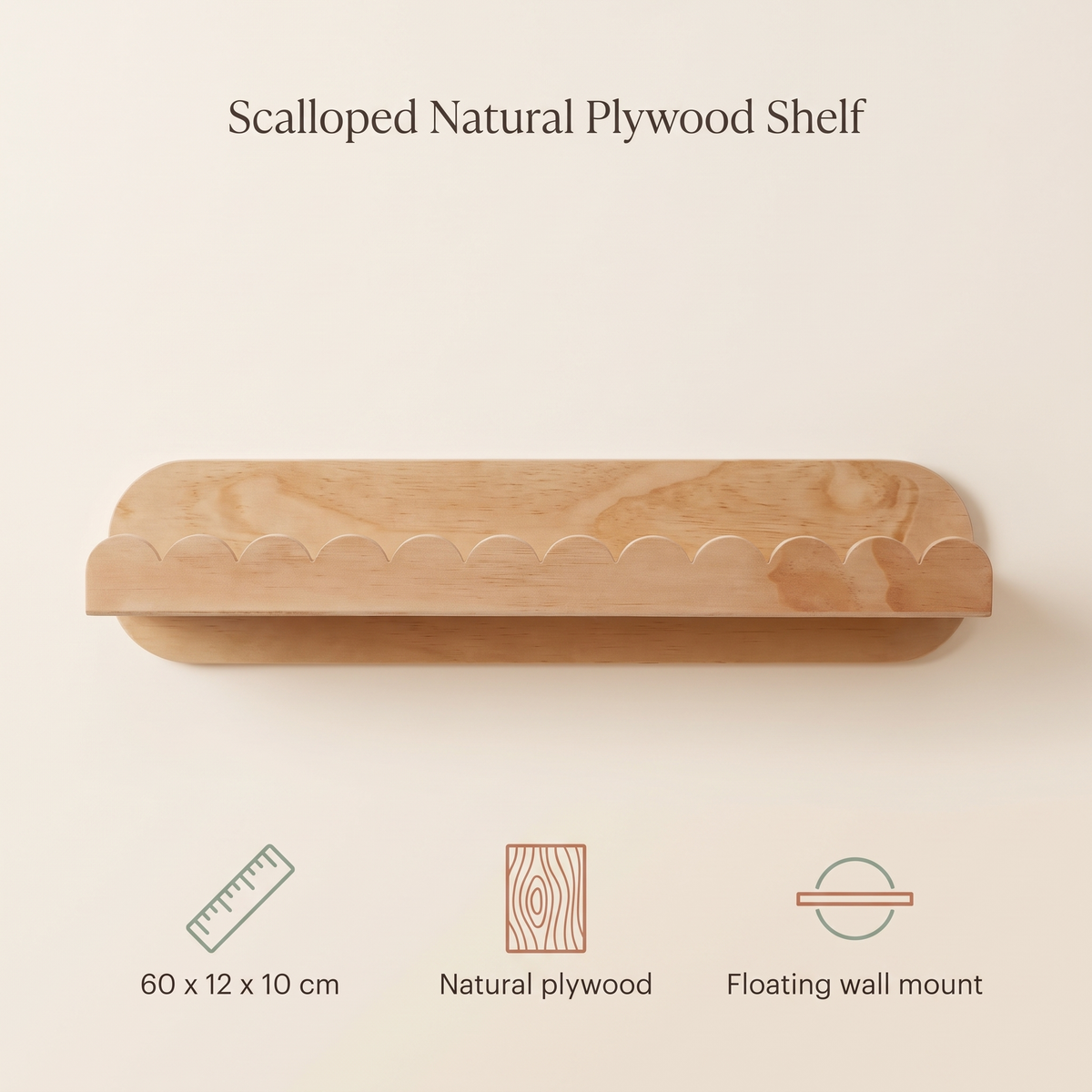 Scalloped Floating Wall Shelf – Natural Plywood, 60 cm
