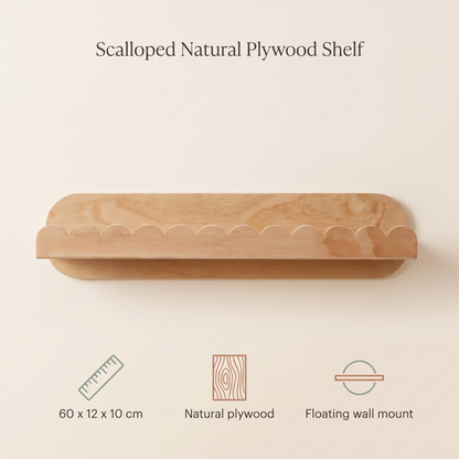 Scalloped Floating Wall Shelf – Natural Plywood, 60 cm