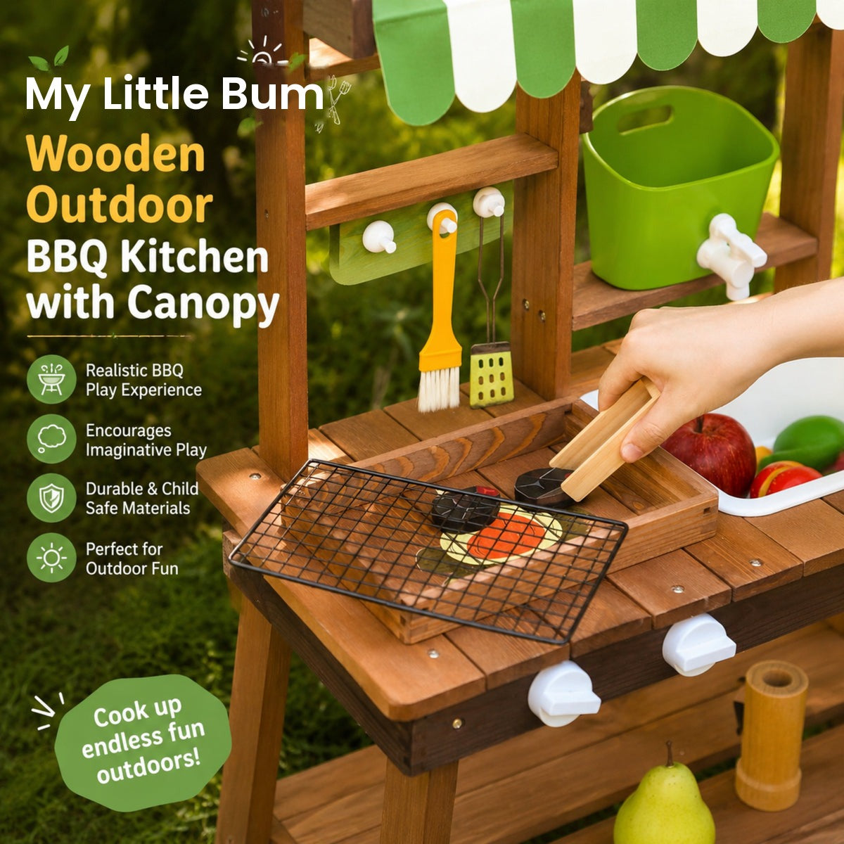 Wooden Outdoor BBQ Play Kitchen with Striped Canopy and Sink