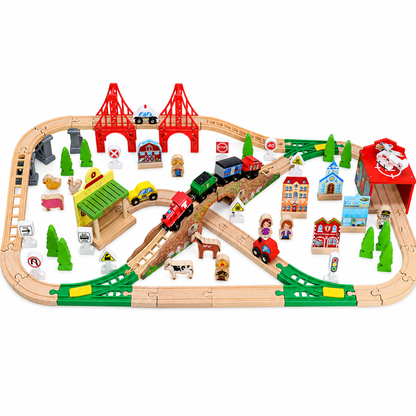 Wooden Train Track Set with Bridges, Town Pieces and Storage Box