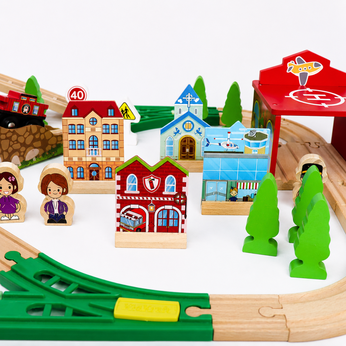 Wooden Train Track Set with Bridges, Town Pieces and Storage Box
