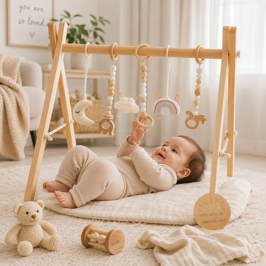Wooden Baby Play Gym Frame with Six Hanging Toys – Natural Wood