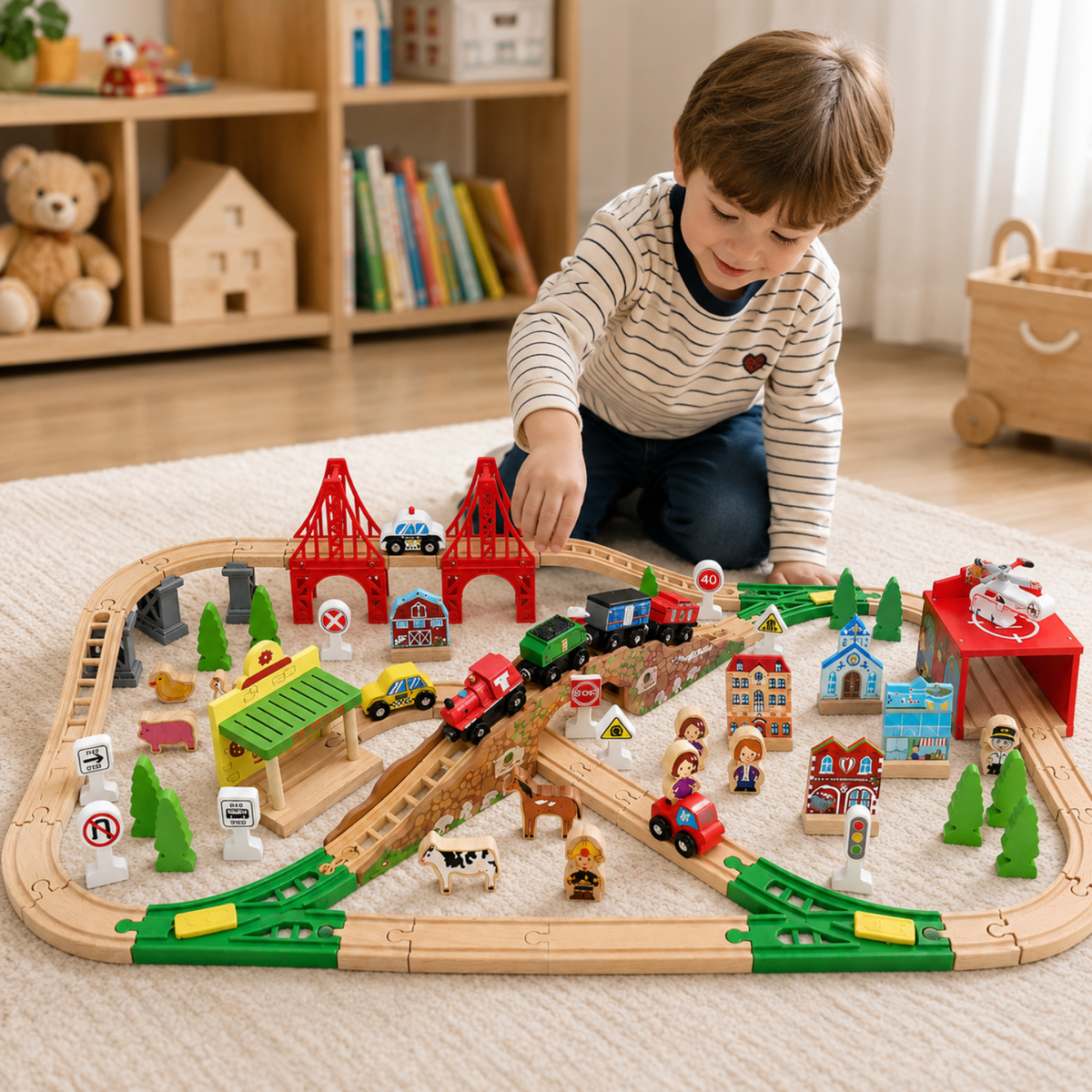 Wooden Train Track Set with Bridges, Town Pieces and Storage Box