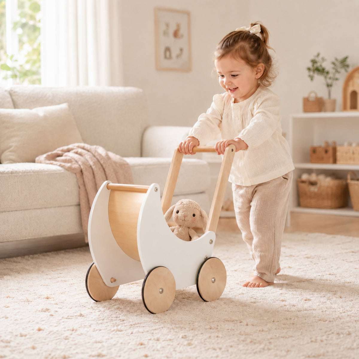 Wooden Doll Pram Walker – White and Natural Wood