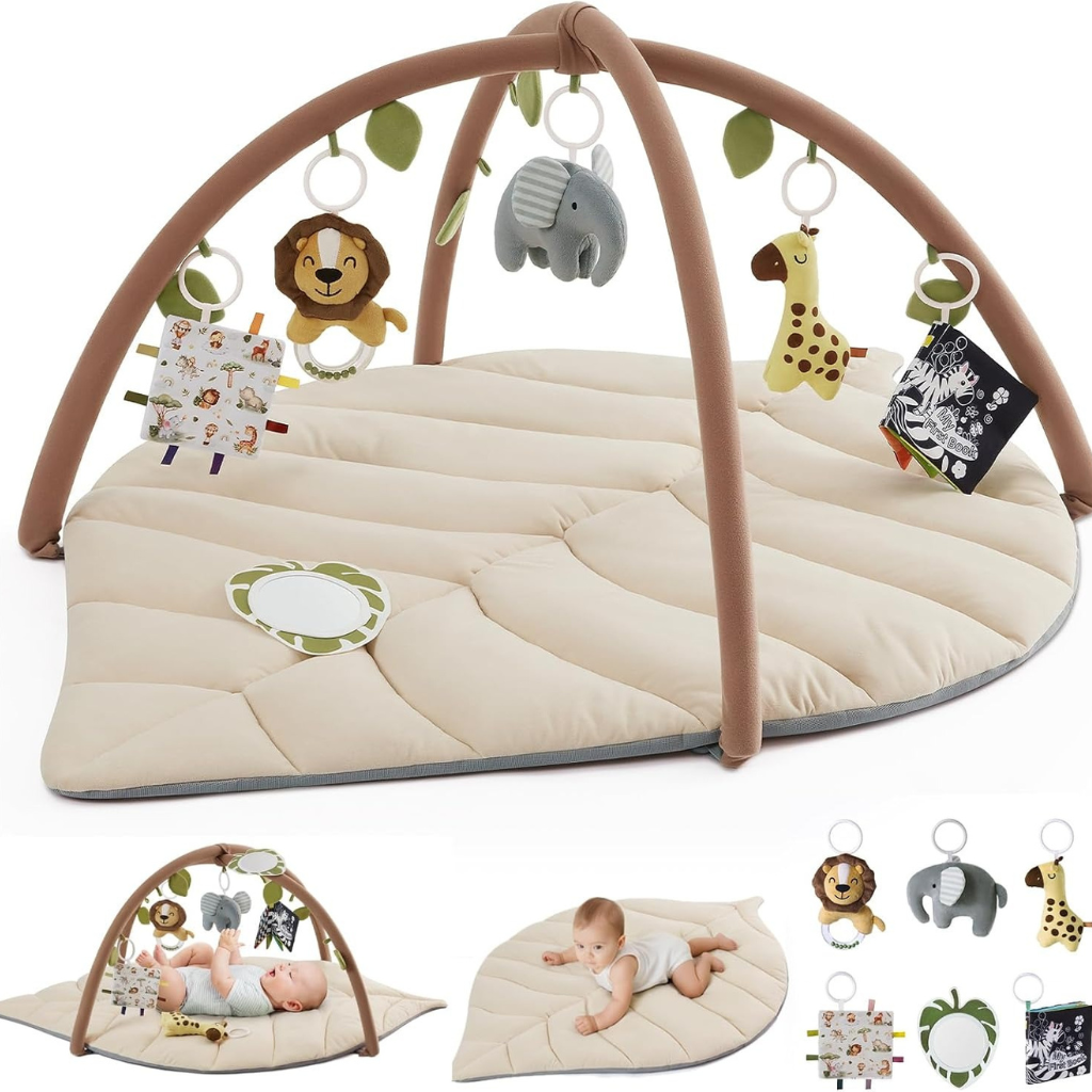 Leaf-Shaped Baby Play Gym Mat with Arch Bars and Hanging Toys