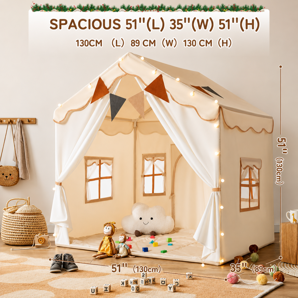 Kids Play Tent with LED Lights and Quilted Padded Mat