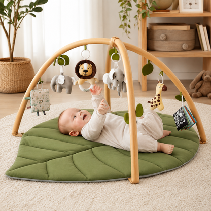 Leaf-Shaped Baby Play Gym Mat with Arch Bars and Hanging Toys