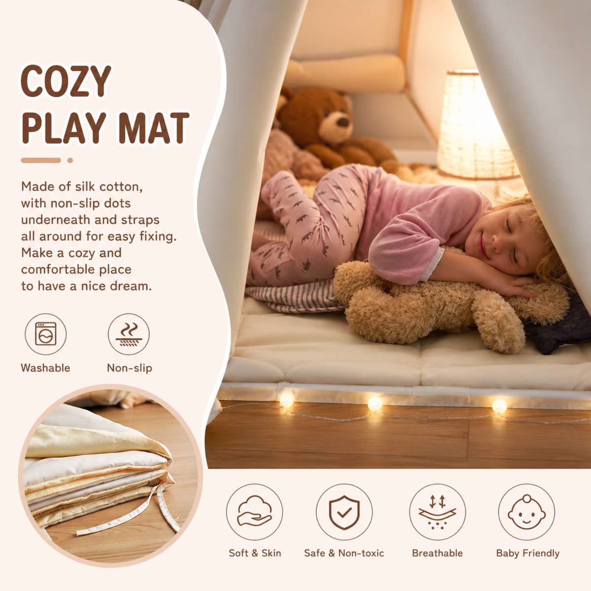 Kids Play Tent with LED Lights and Quilted Padded Mat