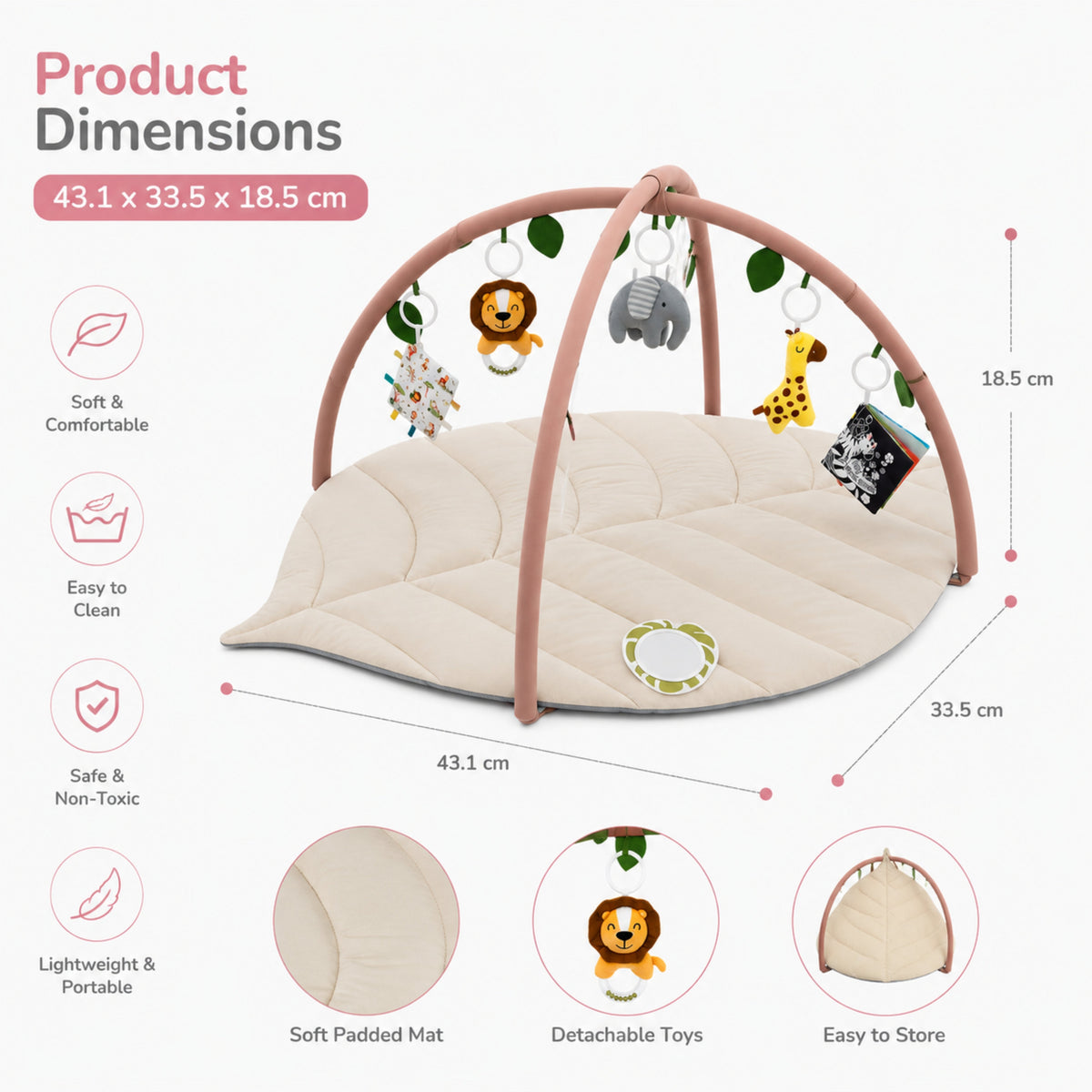 Leaf-Shaped Baby Play Gym Mat with Arch Bars and Hanging Toys