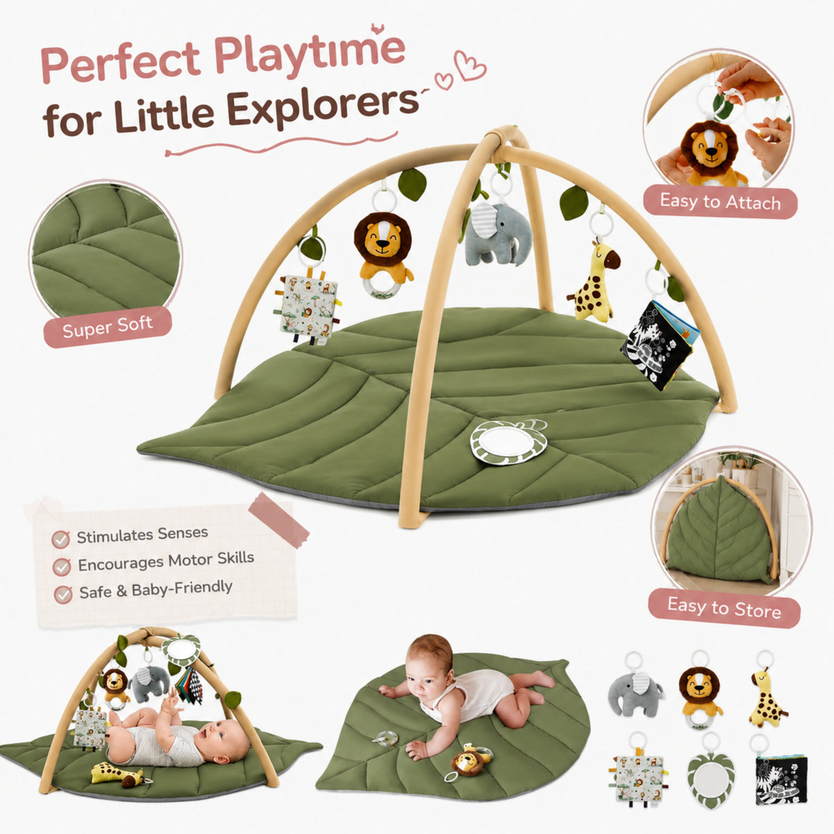 Leaf-Shaped Baby Play Gym Mat with Arch Bars and Hanging Toys